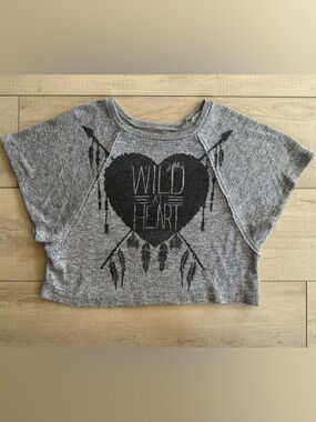 Stranded “Wild at Heart” Graphic Oversized Crop Grey Knit Boho Tee Shirt Size XS